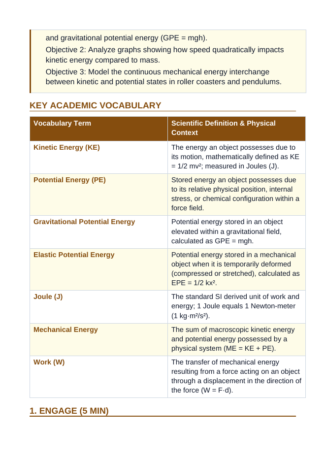 Forms of Mechanical Energy 5E Lesson Plan sample page
