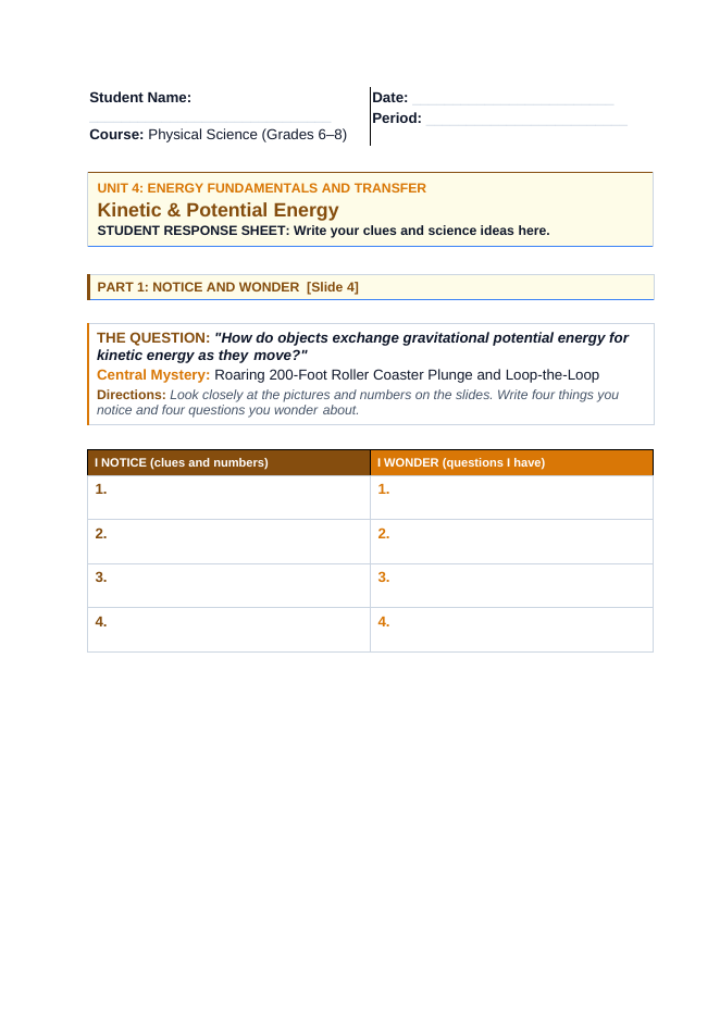 Forms of Mechanical Energy Phenomena-Based Lesson: Roaring 200-Foot Roller Coaster Plunge and Loop-the-Loop Student Response Sheet sample page