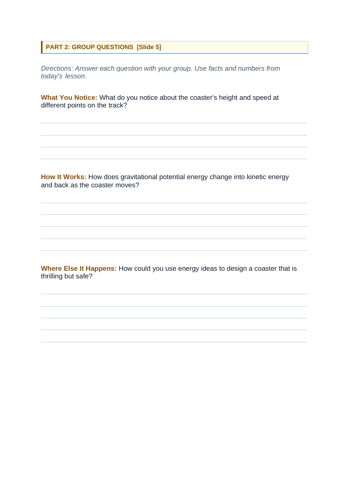 Forms of Mechanical Energy Phenomena-Based Lesson: Roaring 200-Foot Roller Coaster Plunge and Loop-the-Loop Student Response Sheet sample page
