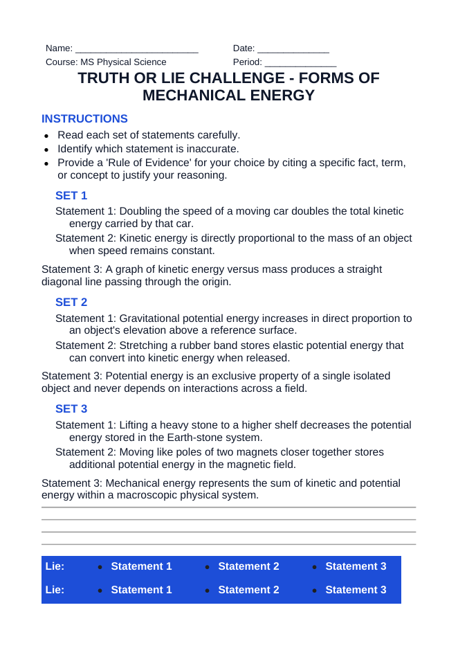 Forms of Mechanical Energy Truth or Lie Challenge sample page