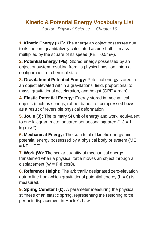 Forms of Mechanical Energy Vocabulary Words & Definitions sample page