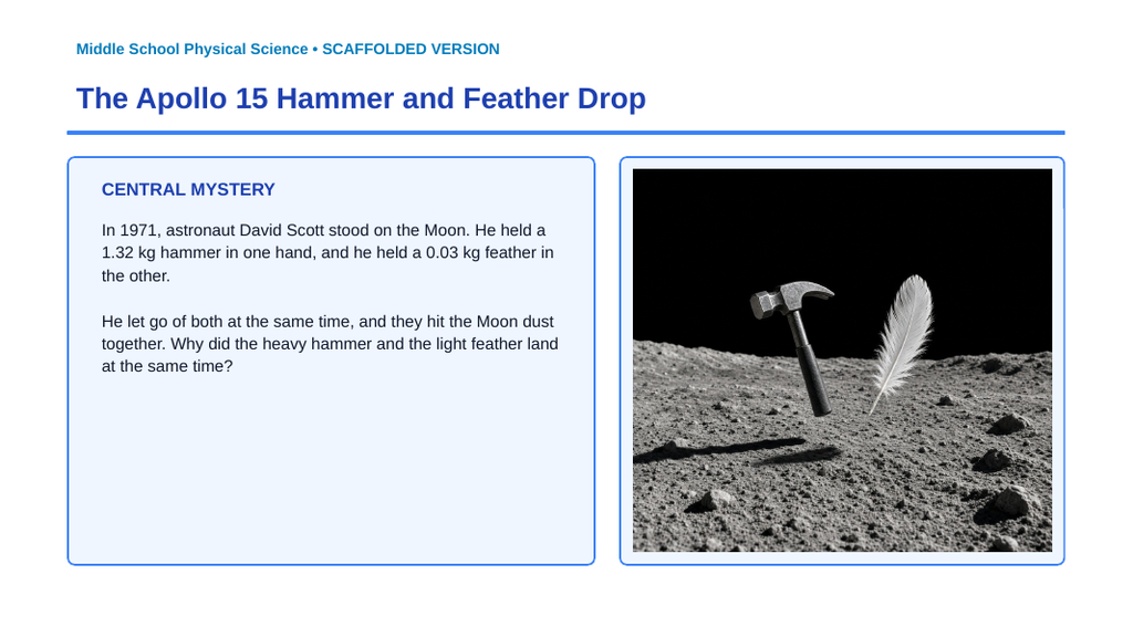 Gravity & Gravitational Forces Scaffolded Phenomena-Based Lesson: The Apollo 15 Hammer and Feather Drop Presentation sample page