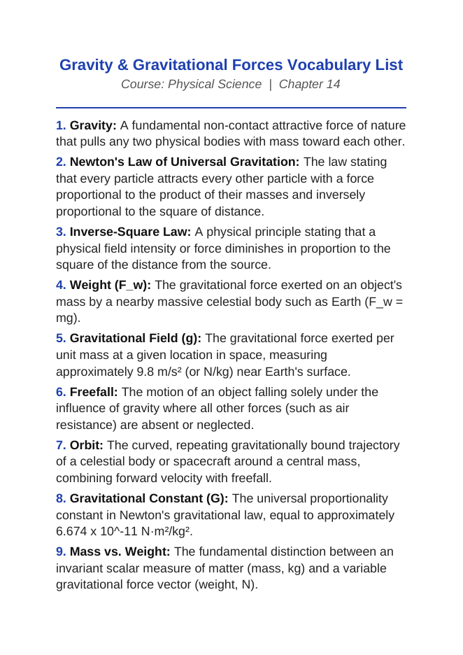 Gravity & Gravitational Forces Vocabulary Words & Definitions sample page