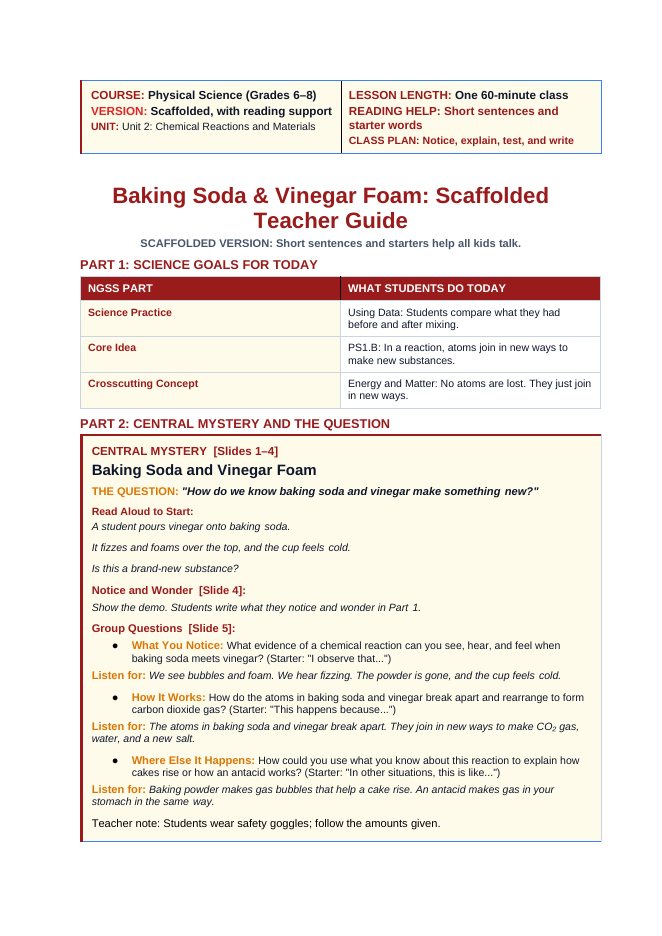 Introduction to Chemical Reactions Scaffolded Phenomena-Based Lesson: Baking Soda and Vinegar Foam Teacher Discussion Guide sample page