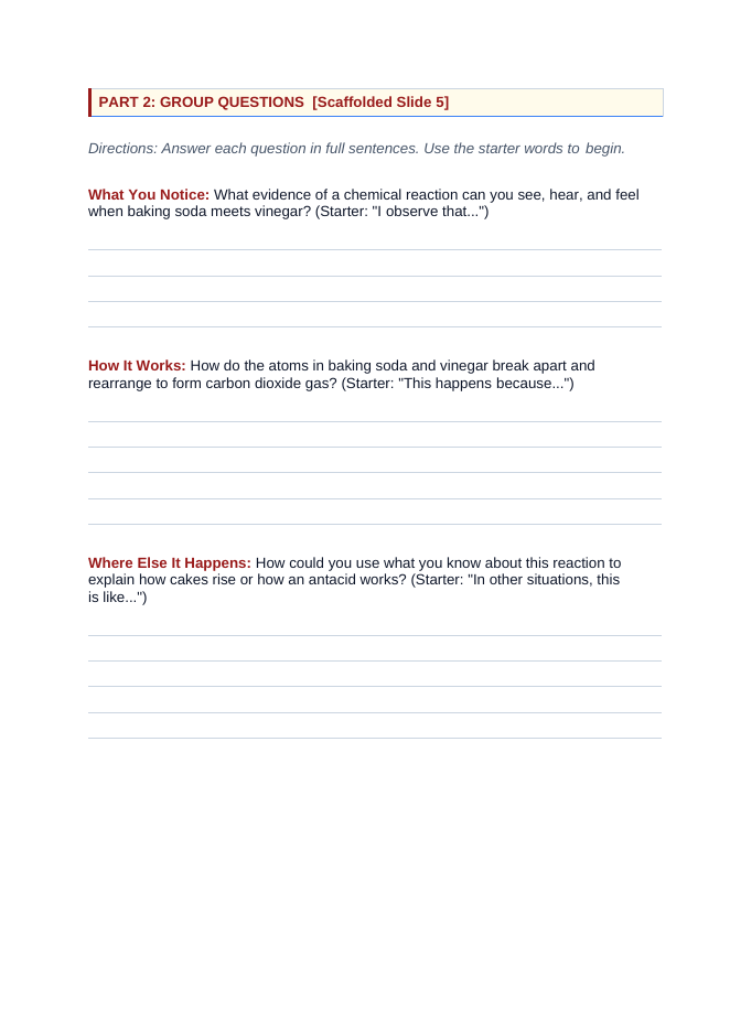 Introduction to Chemical Reactions Scaffolded Phenomena-Based Lesson: Baking Soda and Vinegar Foam Student Response Sheet sample page