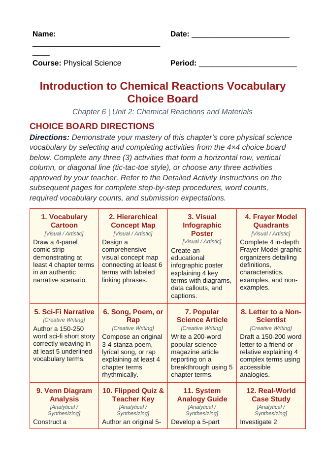 Introduction to Chemical Reactions Vocabulary Choice Board sample page