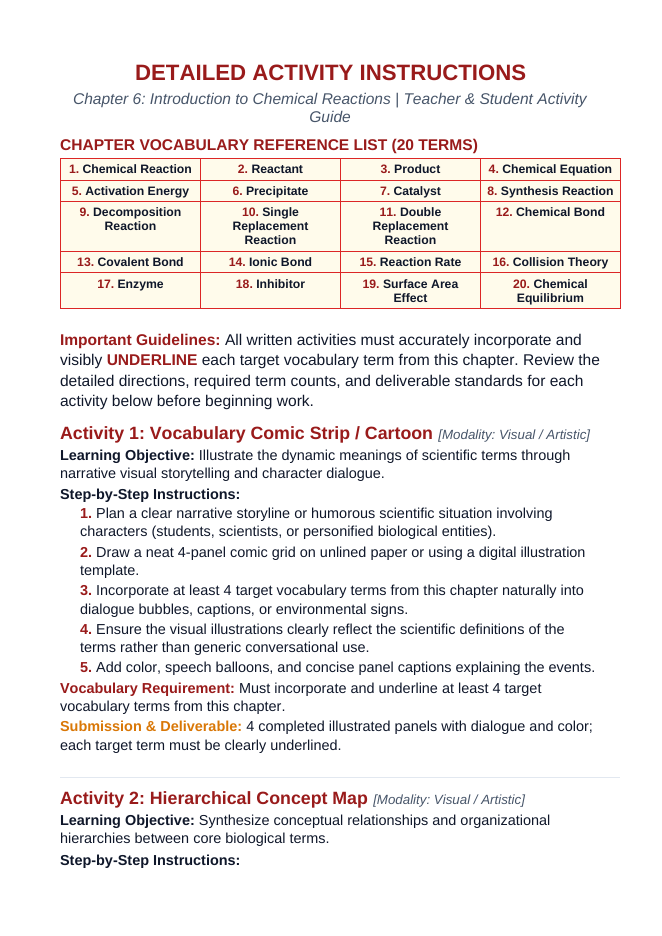 Introduction to Chemical Reactions Vocabulary Choice Board sample page