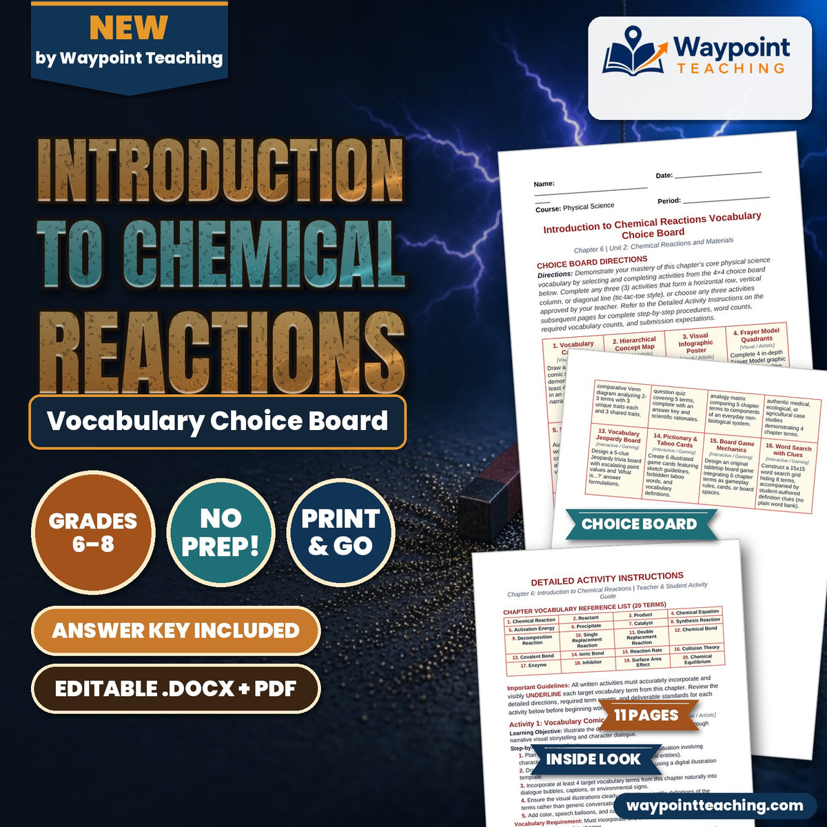 Introduction to Chemical Reactions Vocabulary Choice Board cover