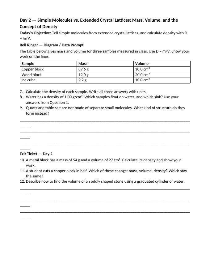 Introduction to Matter & Particles Bell Ringers & Exit Tickets sample page