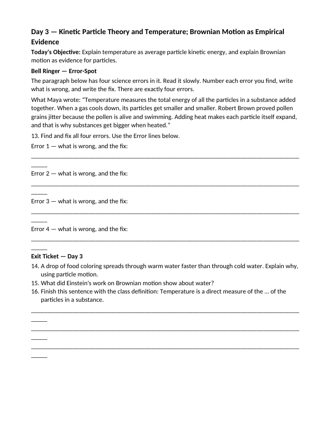 Introduction to Matter & Particles Bell Ringers & Exit Tickets sample page