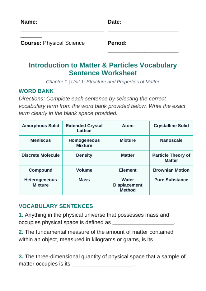 Introduction to Matter & Particles Fill-in-the-Blank Vocabulary Worksheet sample page