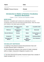 Introduction to Matter & Particles Fill-in-the-Blank Vocabulary Worksheet sample page