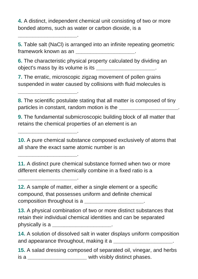 Introduction to Matter & Particles Fill-in-the-Blank Vocabulary Worksheet sample page