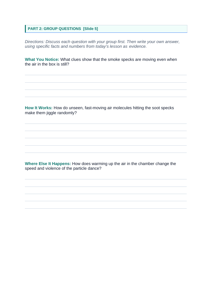 Introduction to Matter & Particles Phenomena-Based Lesson: Smoke Specks That Jiggle in Still Air Student Response Sheet sample page