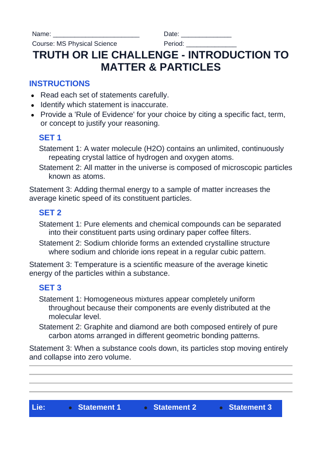 Introduction to Matter & Particles Truth or Lie Challenge sample page
