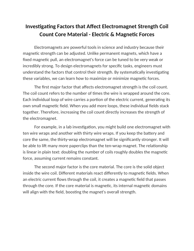 Investigating Factors that Affect Electromagnet Strength Coil Count Core Material Reading Worksheet sample page