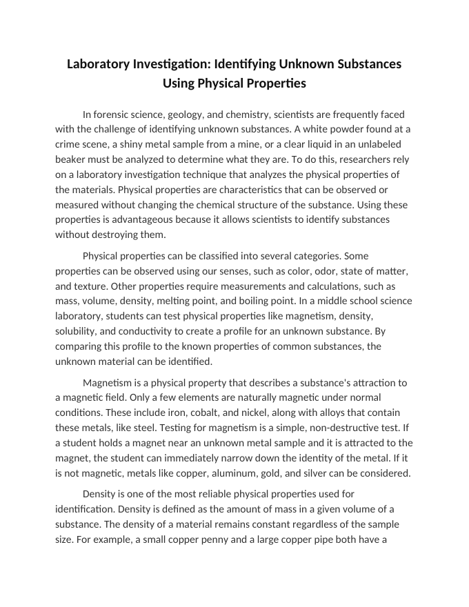 Laboratory Investigation: Identifying Unknown Substances Using Physical Properties Reading Worksheet sample page