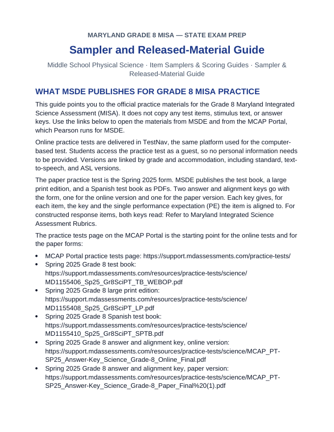 Maryland MISA Item Samplers & Scoring Guides Sampler & Released-Material Guide sample page
