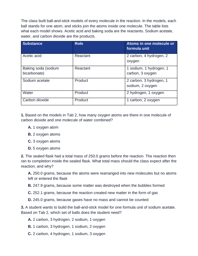 Maryland MISA Structure, Properties, and Reactions of Matter Cluster Practice Set sample page