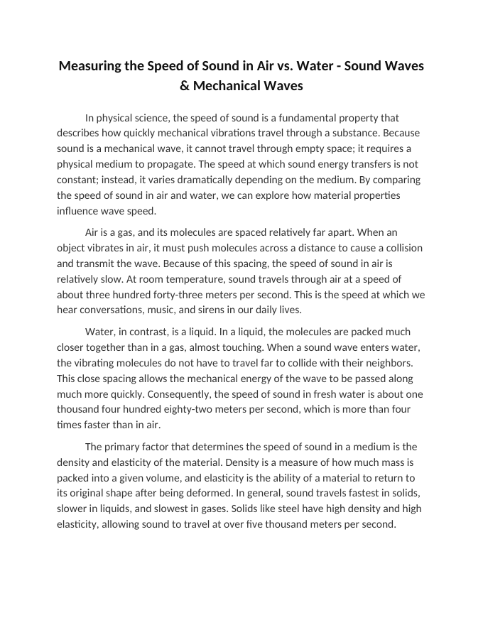 Measuring the Speed of Sound in Air vs. Water Reading Worksheet sample page