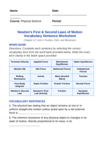 Newton's First & Second Laws of Motion Fill-in-the-Blank Vocabulary Worksheet sample page