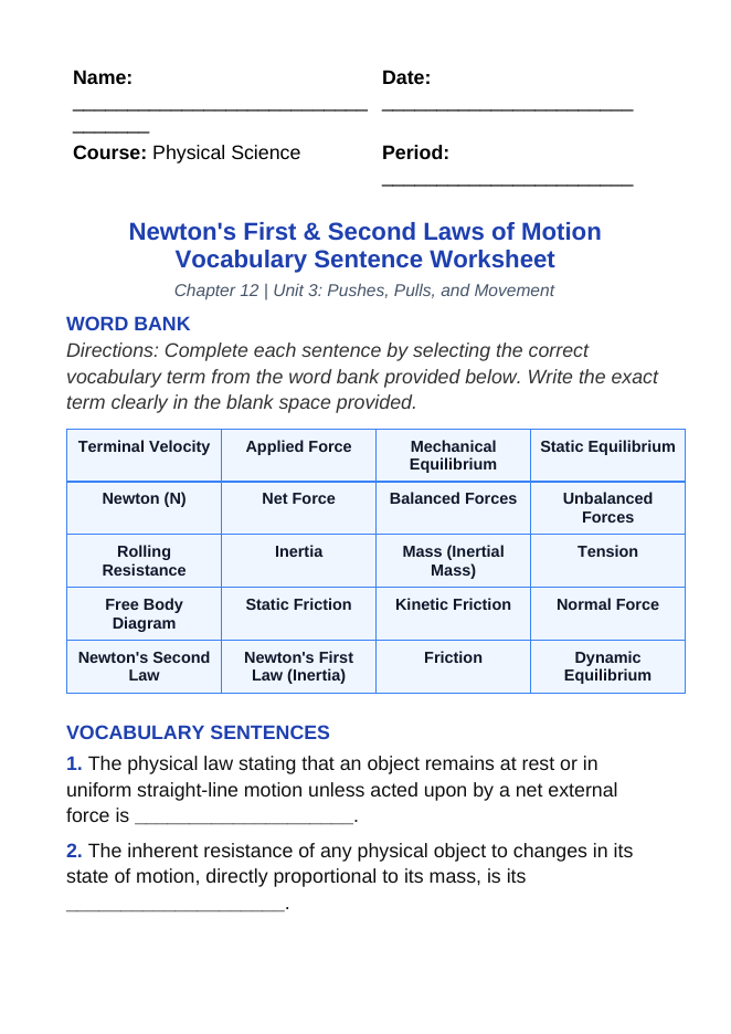 Newton's First & Second Laws of Motion Fill-in-the-Blank Vocabulary Worksheet sample page