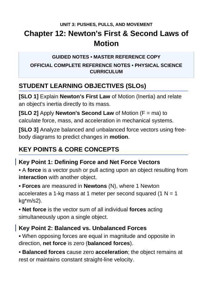 Newton's First & Second Laws of Motion Guided Notes sample page