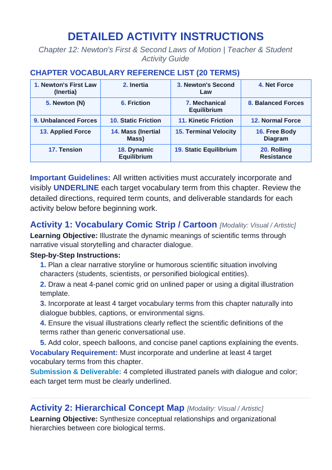 Newton's First & Second Laws of Motion Vocabulary Choice Board sample page