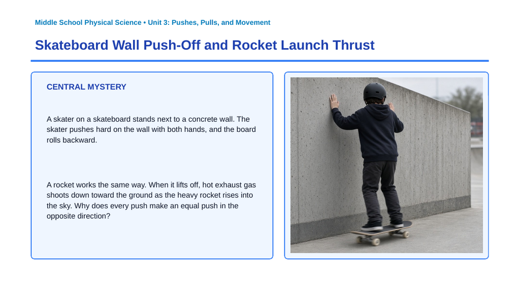 Newton's Third Law & Collisions Phenomena-Based Lesson: Skateboard Wall Push-Off and Rocket Launch Thrust Presentation sample page