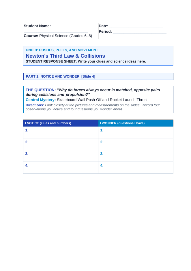 Newton's Third Law & Collisions Phenomena-Based Lesson: Skateboard Wall Push-Off and Rocket Launch Thrust Student Response Sheet sample page