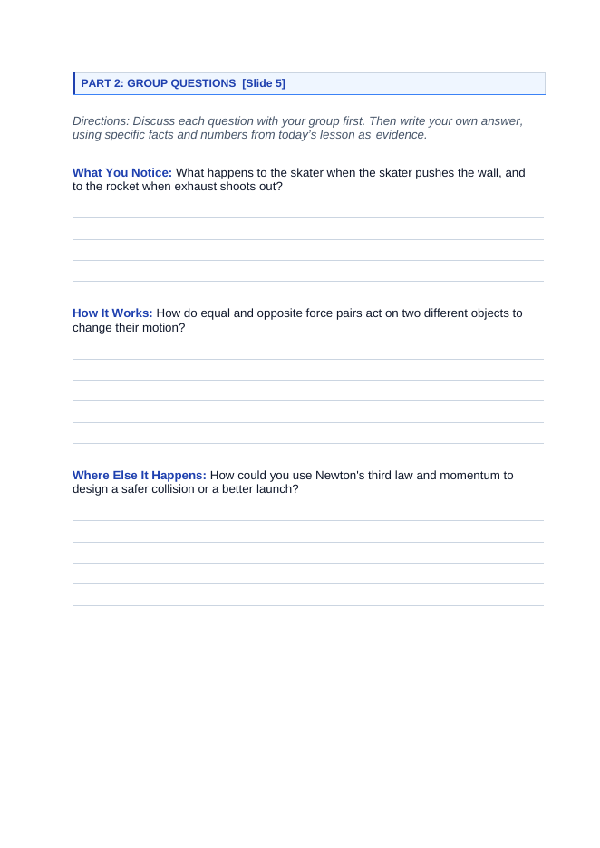 Newton's Third Law & Collisions Phenomena-Based Lesson: Skateboard Wall Push-Off and Rocket Launch Thrust Student Response Sheet sample page