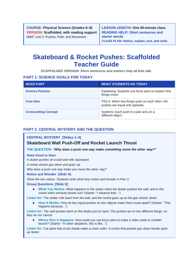 Newton's Third Law & Collisions Scaffolded Phenomena-Based Lesson: Skateboard Wall Push-Off and Rocket Launch Thrust Teacher Discussion Guide sample page