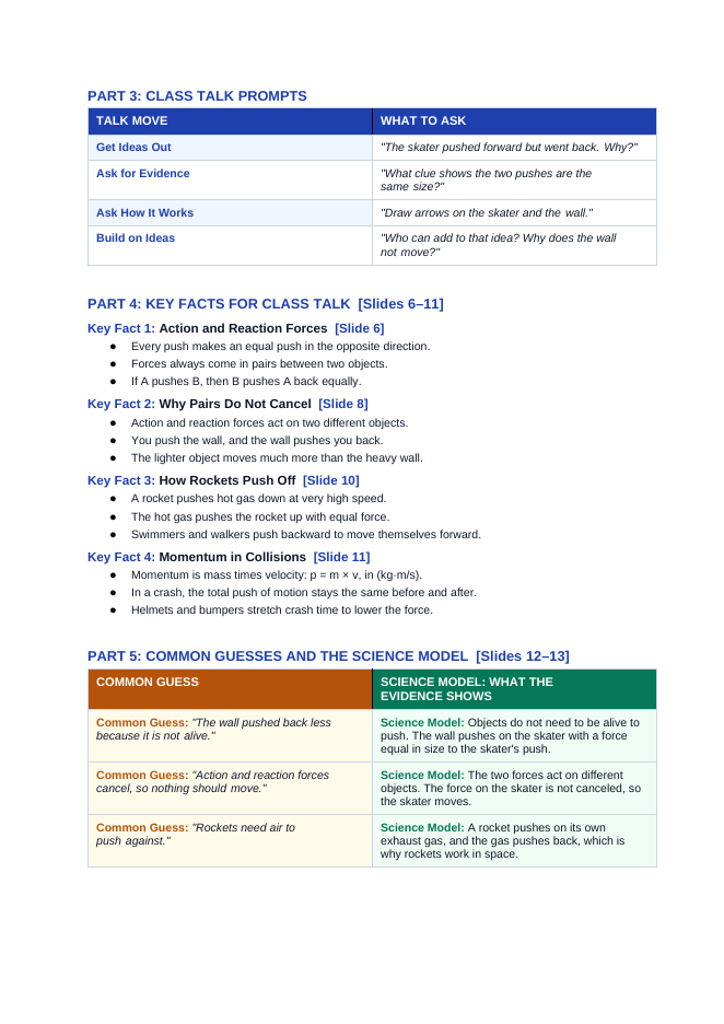 Newton's Third Law & Collisions Scaffolded Phenomena-Based Lesson: Skateboard Wall Push-Off and Rocket Launch Thrust Teacher Discussion Guide sample page