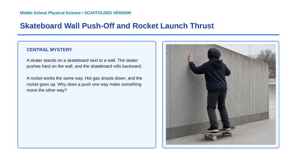 Newton's Third Law & Collisions Scaffolded Phenomena-Based Lesson: Skateboard Wall Push-Off and Rocket Launch Thrust Presentation sample page