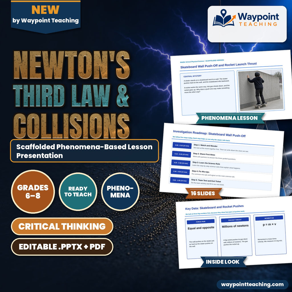 Newton's Third Law & Collisions Scaffolded Phenomena-Based Lesson: Skateboard Wall Push-Off and Rocket Launch Thrust Presentation cover