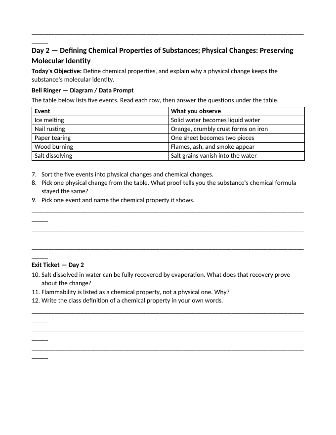 Physical vs. Chemical Properties Bell Ringers & Exit Tickets sample page