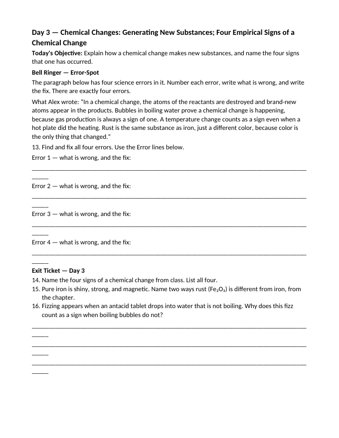 Physical vs. Chemical Properties Bell Ringers & Exit Tickets sample page