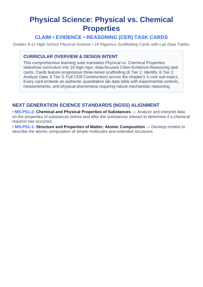 Physical vs. Chemical Properties CER Task Cards sample page