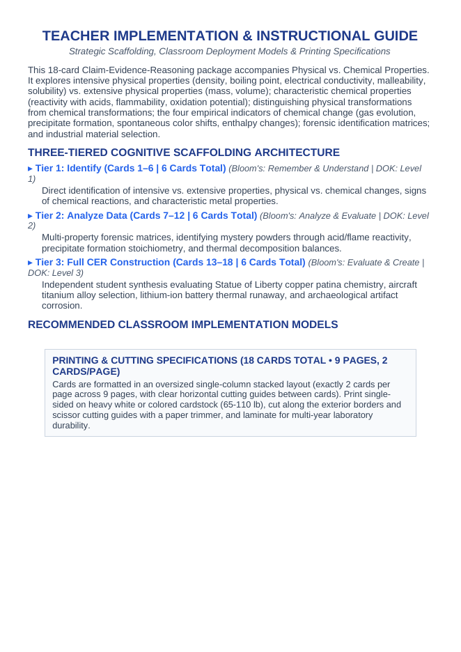 Physical vs. Chemical Properties CER Task Cards sample page