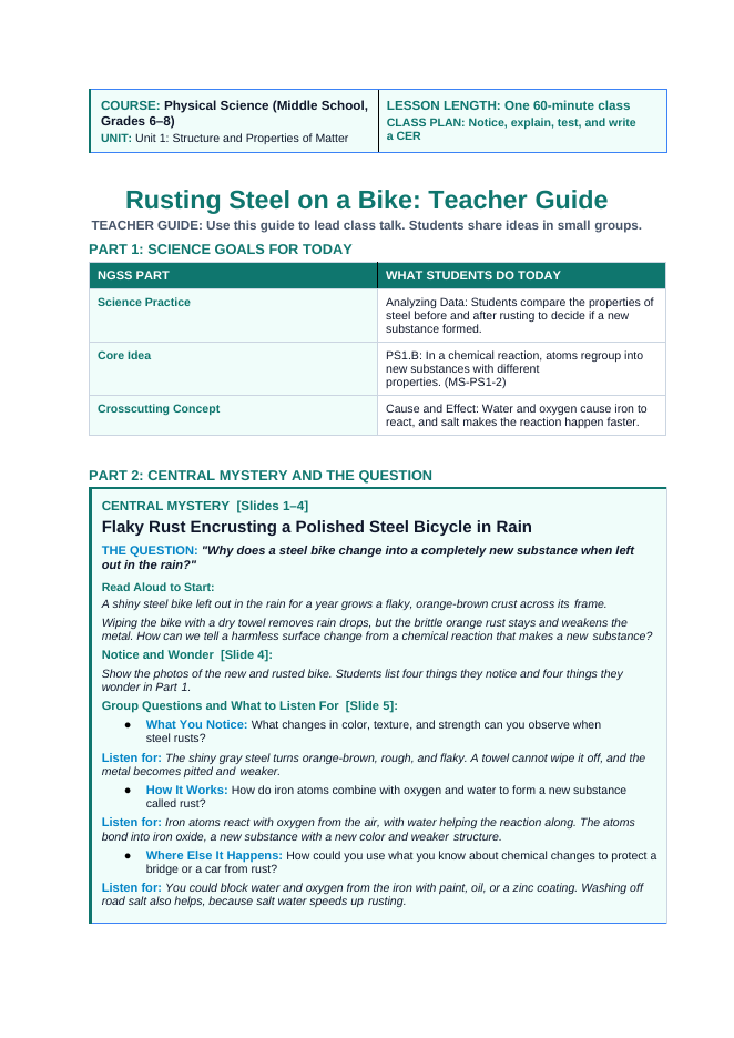 Physical vs. Chemical Properties Phenomena-Based Lesson: Flaky Rust Encrusting a Polished Steel Bicycle in Rain Teacher Discussion Guide sample page