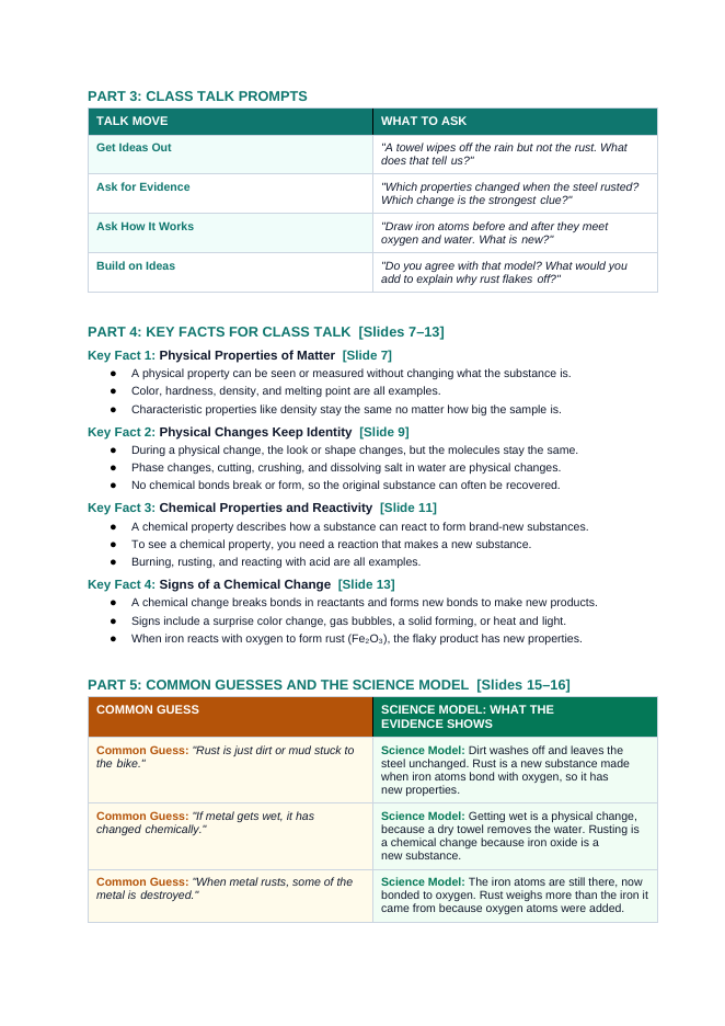 Physical vs. Chemical Properties Phenomena-Based Lesson: Flaky Rust Encrusting a Polished Steel Bicycle in Rain Teacher Discussion Guide sample page