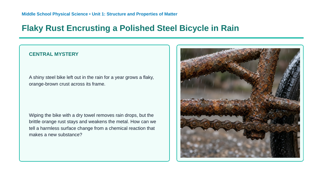 Physical vs. Chemical Properties Phenomena-Based Lesson: Flaky Rust Encrusting a Polished Steel Bicycle in Rain Presentation sample page