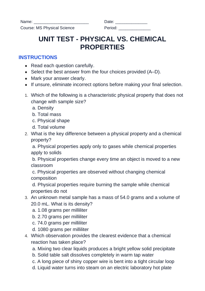 Physical vs. Chemical Properties Unit Test sample page