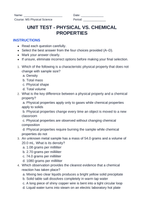 Physical vs. Chemical Properties Unit Test sample page