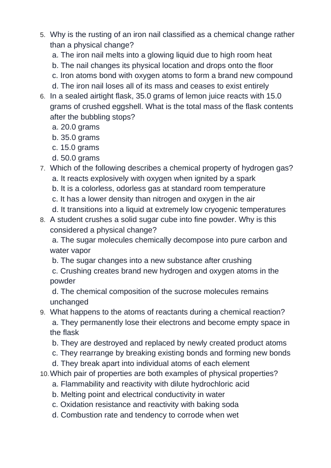 Physical vs. Chemical Properties Unit Test sample page