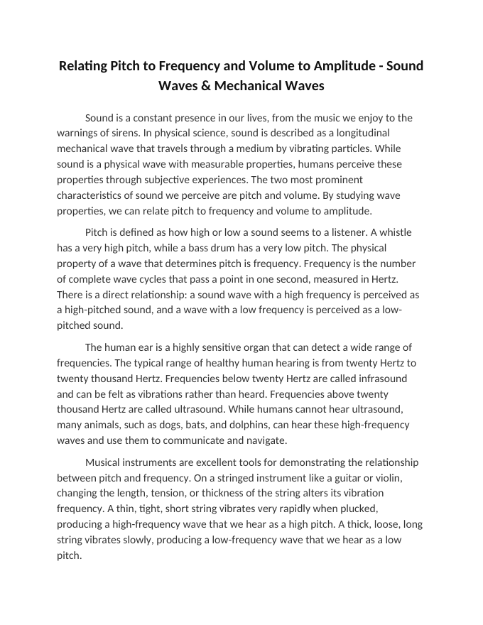 Relating Pitch to Frequency and Volume to Amplitude Reading Worksheet sample page