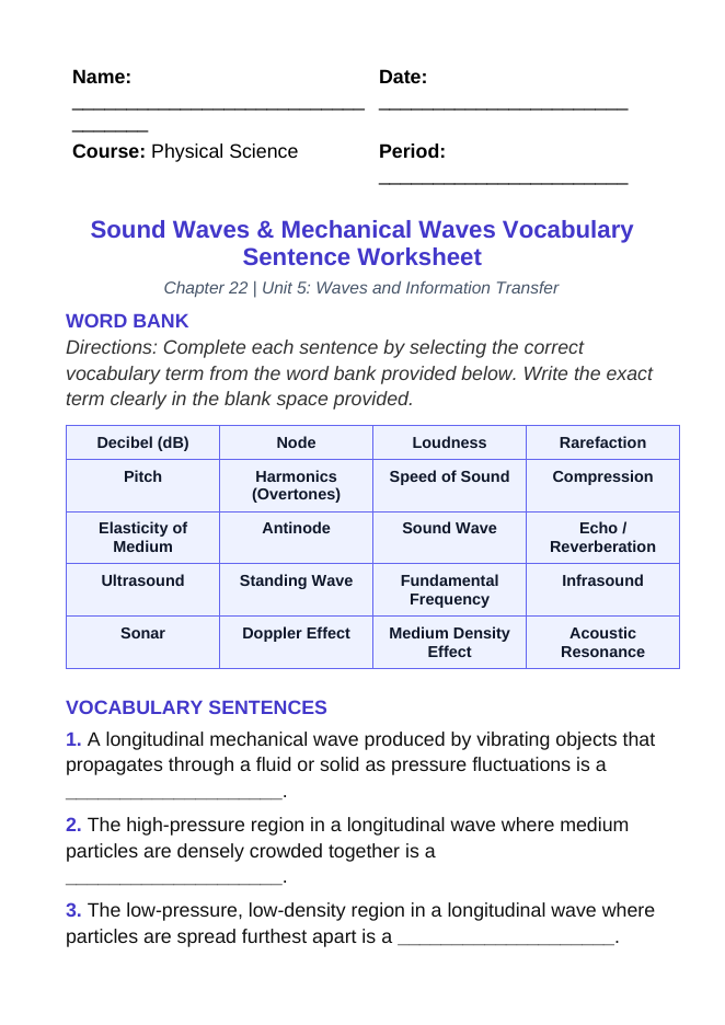 Sound Waves & Mechanical Waves Fill-in-the-Blank Vocabulary Worksheet sample page