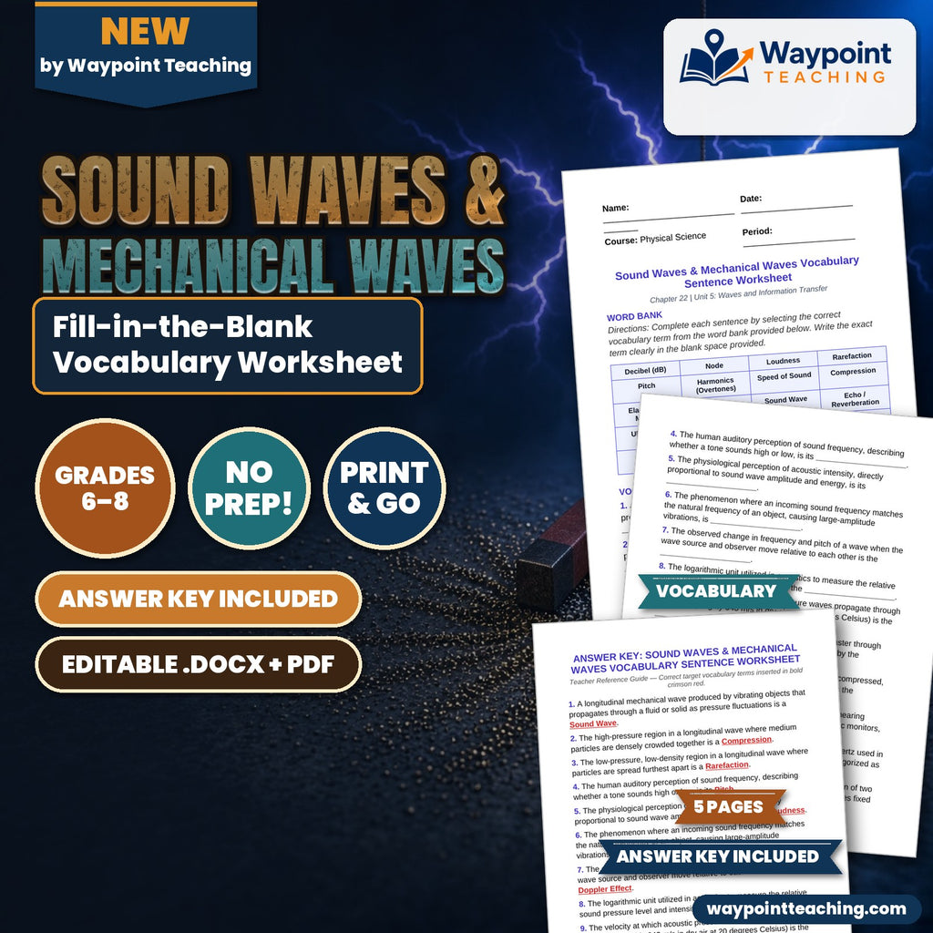 Sound Waves & Mechanical Waves Fill-in-the-Blank Vocabulary Worksheet cover