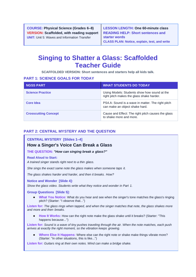 Sound Waves & Mechanical Waves Scaffolded Phenomena-Based Lesson: How a Singer's Voice Can Break a Glass Teacher Discussion Guide sample page