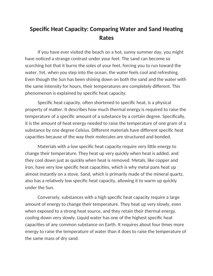Specific Heat Capacity: Comparing Water and Sand Heating Rates Reading Worksheet sample page